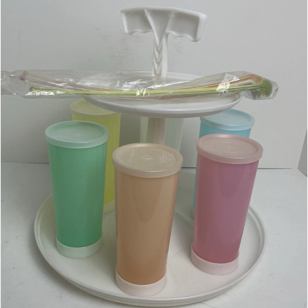 Vintage Tupperware Carousel Caddy Two Tiered Tumblers Lids And Stirrers
